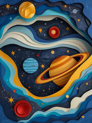 Outer space scene in paper cutout style, featuring planets, stars, and a swirling galaxy. Paper layers 