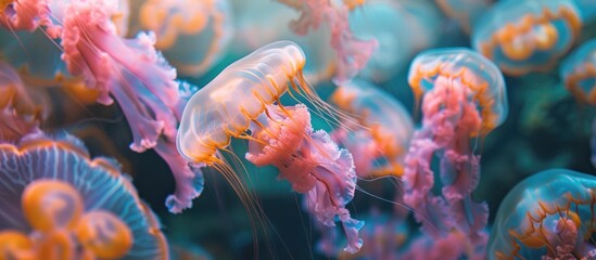 A collection of jellyfish gracefully swimming through the water in an aquarium. - obrazy, fototapety, plakaty