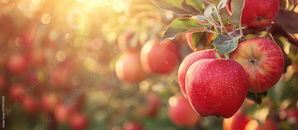 Poster ripe red apples clustered together are hanging from the branches of a tree, ready for picking.