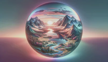 Kissenbezug A mesmerizing sphere encapsulates a vibrant, surreal landscape with mountains, a winding river, and forests under a serene sunrise, creating a dreamlike, encapsulated world of beauty. © Clara