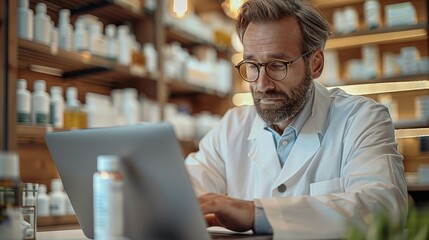 Focused pharmacist verifying medication stock on a laptop in a modern pharmacy. Generative AI. - obrazy, fototapety, plakaty