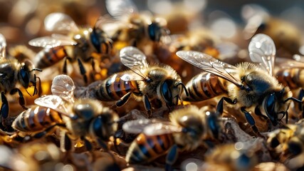 a bunch of bees that are in a beehive, a tilt shift photo.