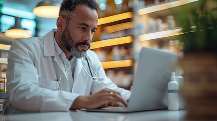 Focused pharmacist verifying medication stock on a laptop in a modern pharmacy. Generative AI. - obrazy, fototapety, plakaty