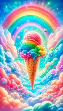 A vibrant ice cream cone with a rainbow swirl is set against a backdrop of fluffy clouds and a colorful sky, creating a fantasy of whimsical sweetness.