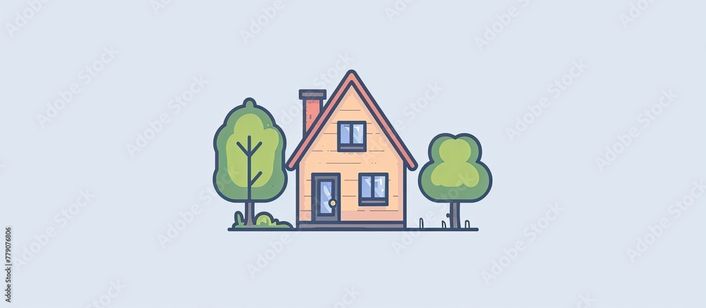 Aufkleber a rectangular building with triangle roof and windows, surrounded by trees on a grassy slope in fron