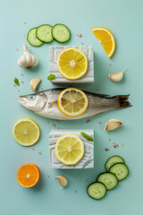 A fresh sea fish, lemons, vegetables and ice cubes on pastel blue background.	