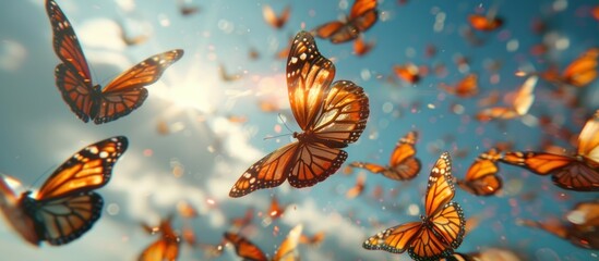 A cluster of butterflies with unique spots fluttering through the air.