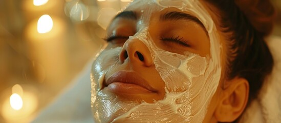 A woman is having a relaxing facial treatment session while a facial mask is applied to her face by a cosmetologist in a spa.
