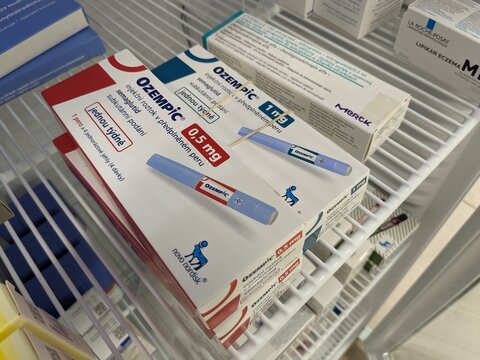 Prague,Czech republic- April 21 2024: Ozempic box.Injections of ozempic medication. Diabetes treatment in European union. Package of semaglutide. Diabetes drug.Sometimes abused for weight loss