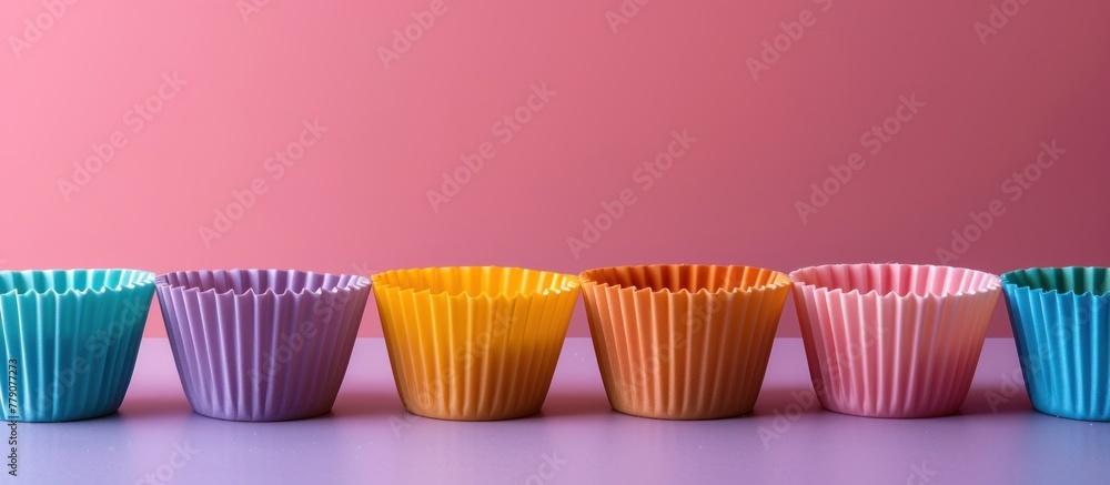 Poster a row of vibrant cupcakes with colorful frosting sitting neatly on a table, ready to be enjoyed.