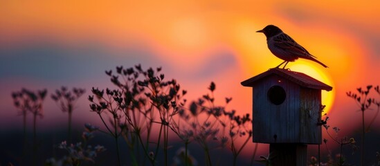 A bird sits comfortably on the slanted roof of a wooden birdhouse, framed against a warm glow. - obrazy, fototapety, plakaty