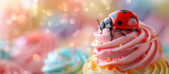 Fototapeta premium A cupcake featuring a ladybug figurine on top, close-up detail of the dessert.