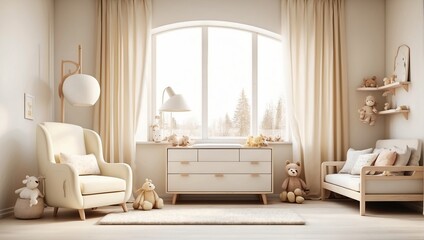 A minimally decorated nursery with cream-colored walls and furniture. There is a large window, a cream-colored rug on the floor, and a few toys scattered around.

