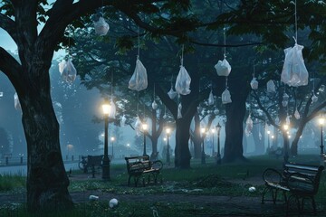 A neglected urban park, where plastic bags hang from trees like grotesque ornaments, under the soft light of street lamps, 3D illustration - obrazy, fototapety, plakaty