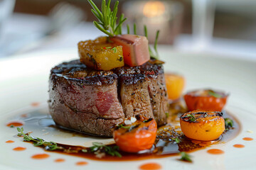 Grilled steak with roasted cherry tomatoes and fresh herbs on a white plate. Gourmet restaurant meal. Fine dining culinary art and gastronomy concept. Design for menu, food blog, culinary magazine