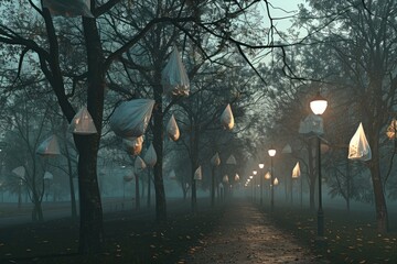 A neglected urban park, where plastic bags hang from trees like grotesque ornaments, under the soft light of street lamps, 3D illustration - obrazy, fototapety, plakaty