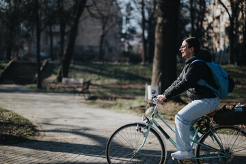 Happy woman enjoying a leisurely bike ride in a serene park setting.