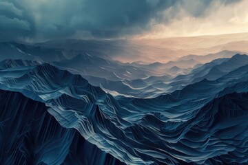 The interaction of light and shadow on the folds of skin, creating a landscape of valleys and peaks, under a stormy sky, 3D illustration