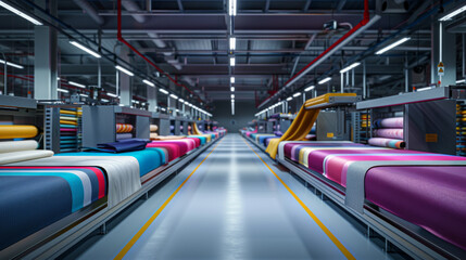 A modern textile printing facility with printing tables and color mixing stations, momentarily still but ready to create vibrant designs on fabrics
