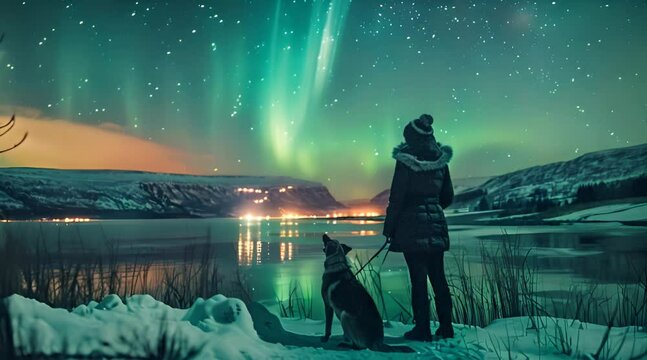 man and dog standing on the background of the sky with beautiful aurora