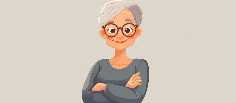 The elderly woman, with her hair pulled back, glasses perched on her nose, and arms crossed, stands tall showing her commitment to vision care