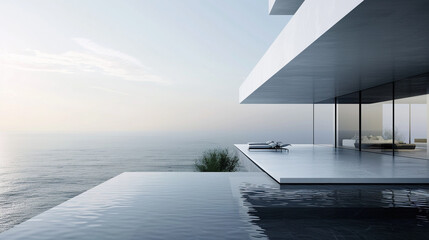 A modern, minimalistic home with a peaceful view of the beach. - obrazy, fototapety, plakaty
