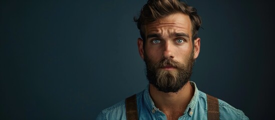 A man with a beard and suspenders gazes upwards. - obrazy, fototapety, plakaty