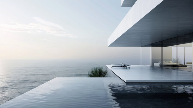 A modern, minimalistic home with a peaceful view of the beach.