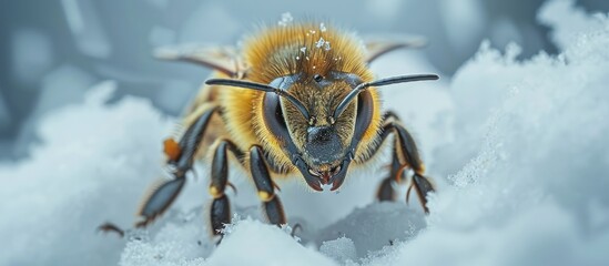 Detailed view of a bee foraging in the snow, with snowflakes around.