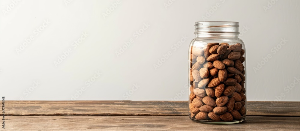 Aufkleber a glass jar filled with nuts, specifically almonds, is placed on a wooden table. the nuts are neatly