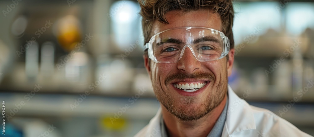 Poster a man in a lab coat and safety goggles is smiling directly at the camera, standing in a laboratory s