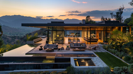 A modern estate featuring an amazing rooftop terrace with views of the mountains.