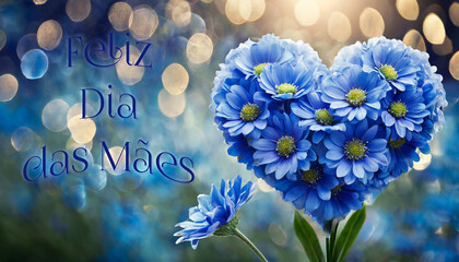cartão ou banner para desejar um feliz Dia das Mães em azul com ao lado um coração feito de flores azuis sobre fundo verde e azul com círculos em efeito bokeh