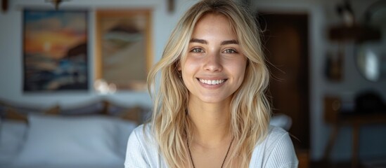 A woman with long blonde hair smiling directly at the camera. - obrazy, fototapety, plakaty