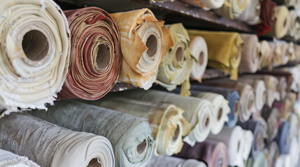 Textile Rolls on Shelves in Fabric Warehouse 