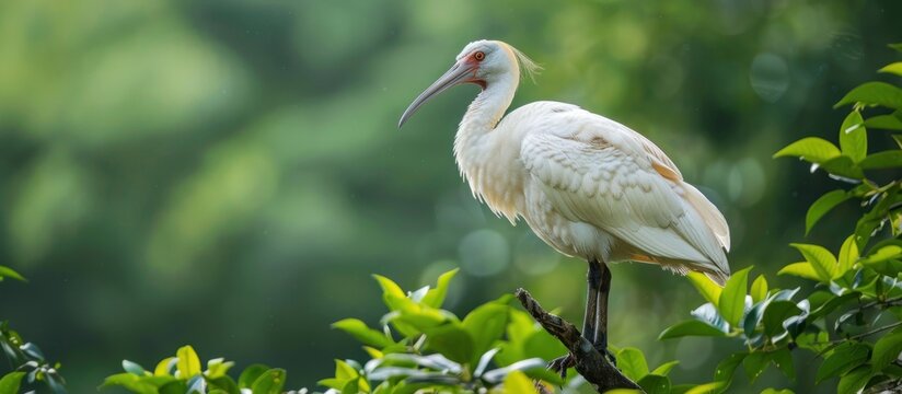 A large white Oriental Ibis bird perched on a tree branch in its natural habitat.