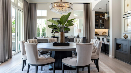 A modern dining area with a round table, upholstered chairs, and a statement pendant light above.