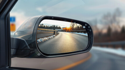 Rear view mirror in a car. Road control - obrazy, fototapety, plakaty