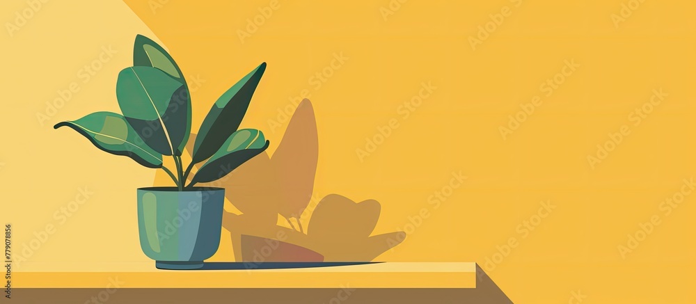 Aufkleber a houseplant in a flowerpot is displayed on a shelf against a yellow background, adding a pop of col