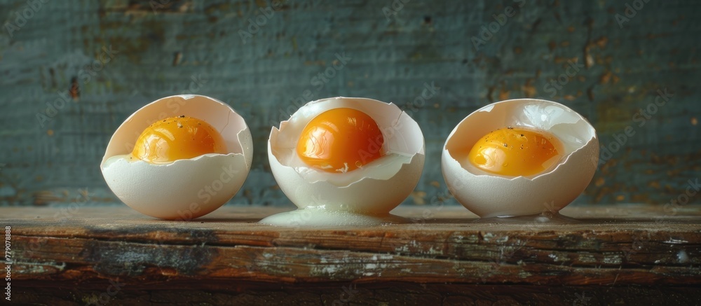 Poster three eggs neatly arranged in a row on top of a rustic wooden table.