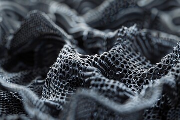 Closeup of black metal mesh crumpled heap, abstract background with detailed pattern