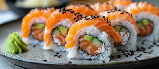 A plate of fresh sushi rolls topped with crunchy cucumbers and black sesame seeds. - Powered by Adobe