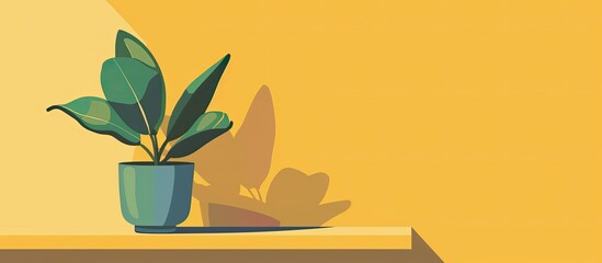 A houseplant in a flowerpot is displayed on a shelf against a yellow background, adding a pop of color to the rectangular landscape