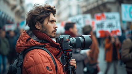 Photojournalist documenting demonstrations in the city - obrazy, fototapety, plakaty