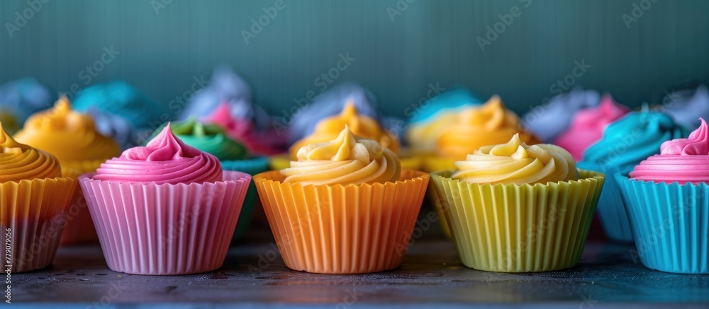 Poster a vibrant row of cupcakes in assorted colors resting on a counter surface, creating a delightful and
