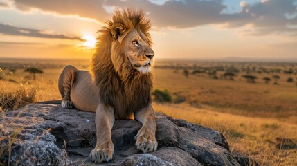 Majestic lion basking in golden light on rocky perch, showcasing expansive savanna vista - obrazy, fototapety, plakaty