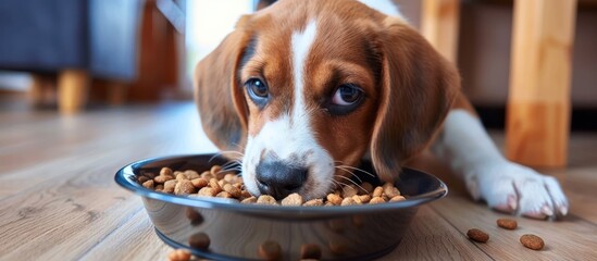 A brown and white dog enthusiastically eating dry kibble out of a bowl. - obrazy, fototapety, plakaty