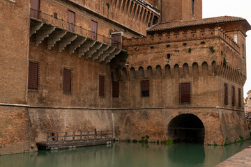 City of Ferrara, historic center, fortifications and castle surrounded by a moat. Squares and...