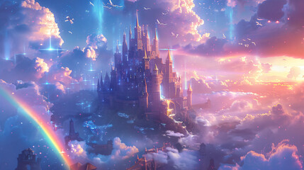 Enchanted castle in the sky with rainbows and flying creatures. Fantasy kingdom in clouds concept illustration with vibrant sunset - obrazy, fototapety, plakaty