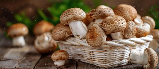 A white basket filled with fresh brown mushrooms sitting on a wooden table.